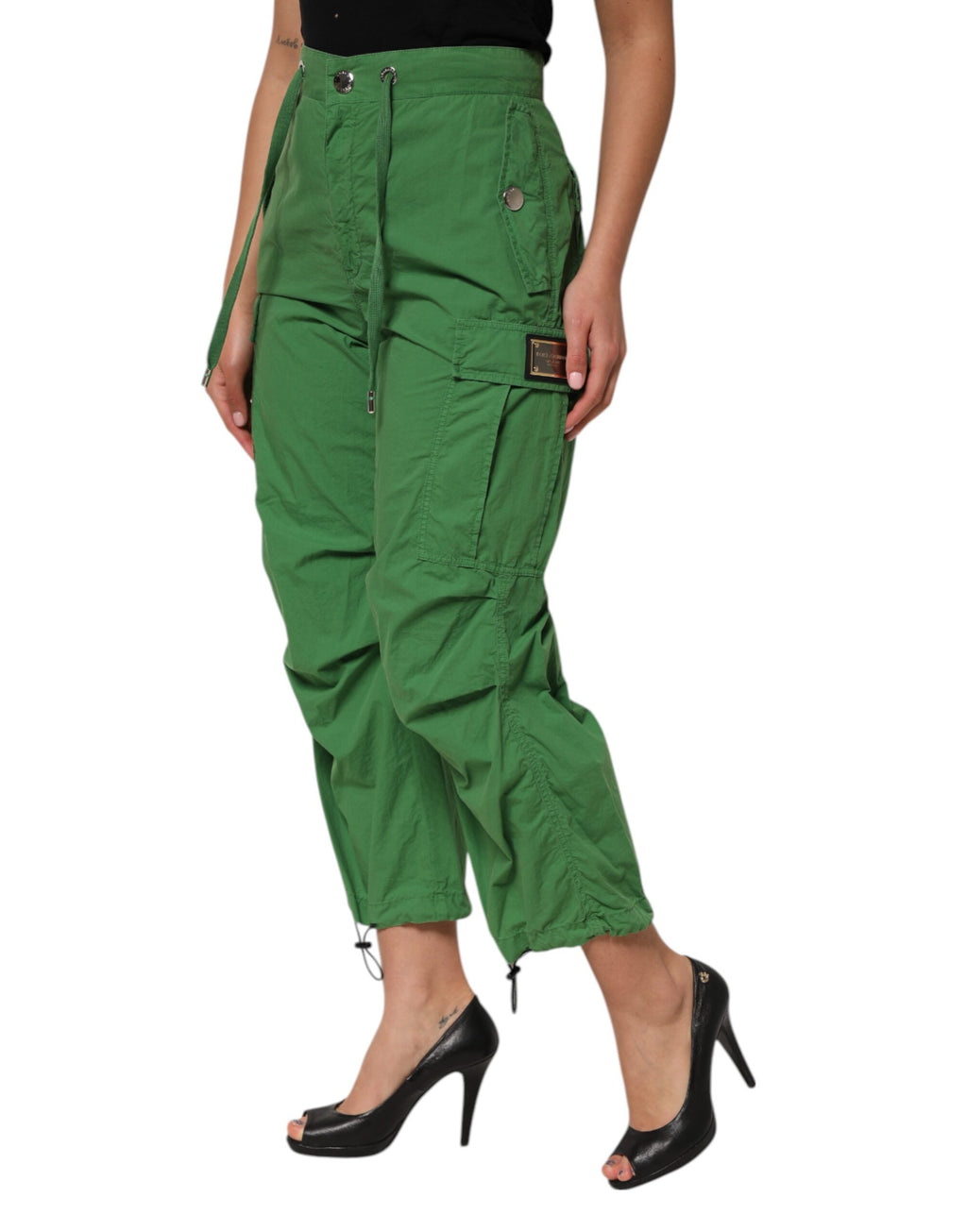 Grüne High Waist Cargo-Hose aus Baumwolle