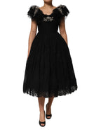 Schwarzes, mit Kristallen verziertes Midi-A-Linien-Kleid