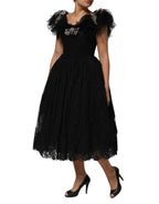 Schwarzes, mit Kristallen verziertes Midi-A-Linien-Kleid