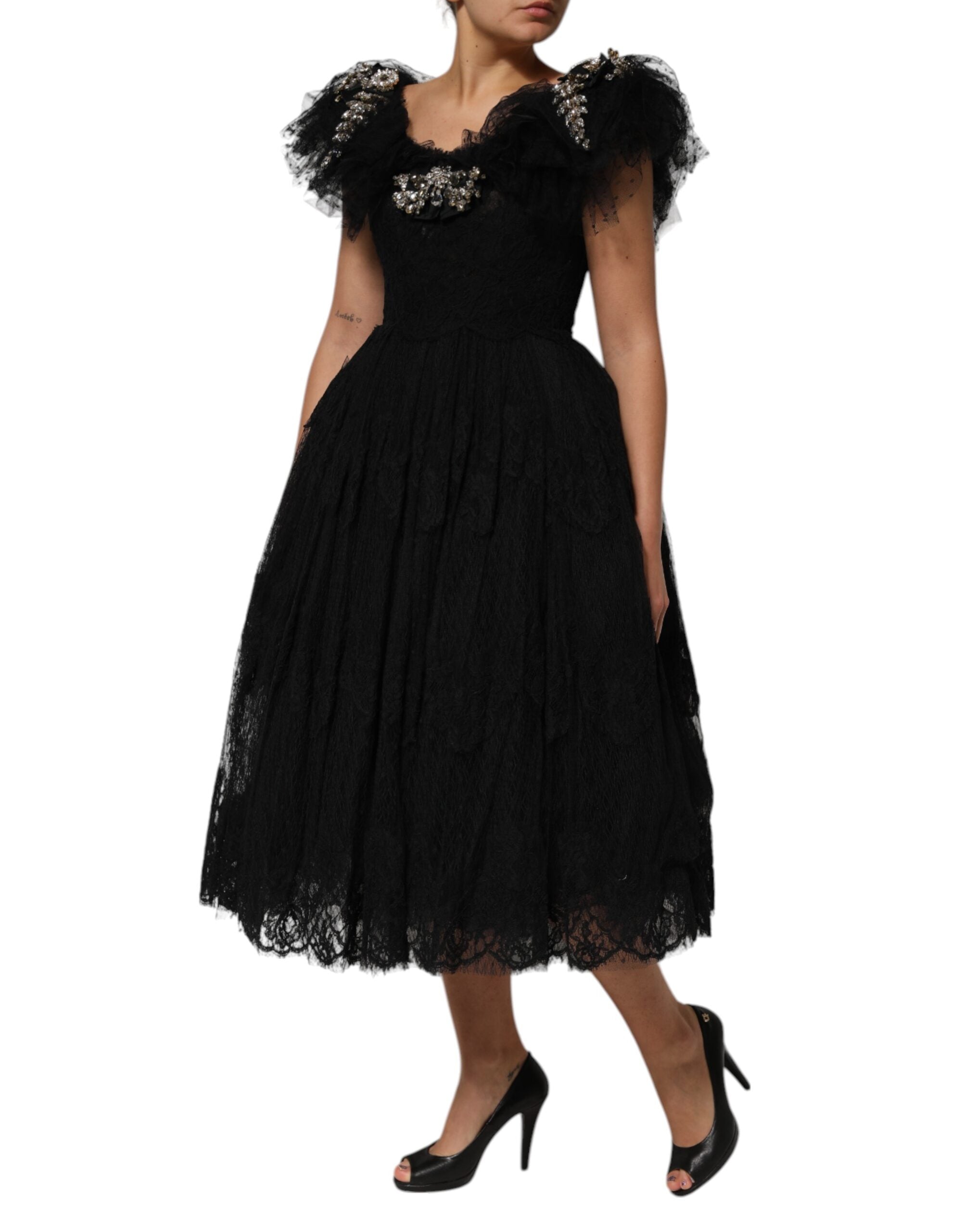 Schwarzes, mit Kristallen verziertes Midi-A-Linien-Kleid