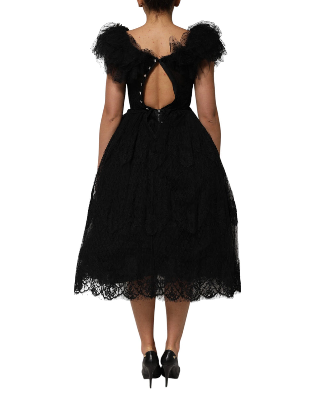 Schwarzes, mit Kristallen verziertes Midi-A-Linien-Kleid