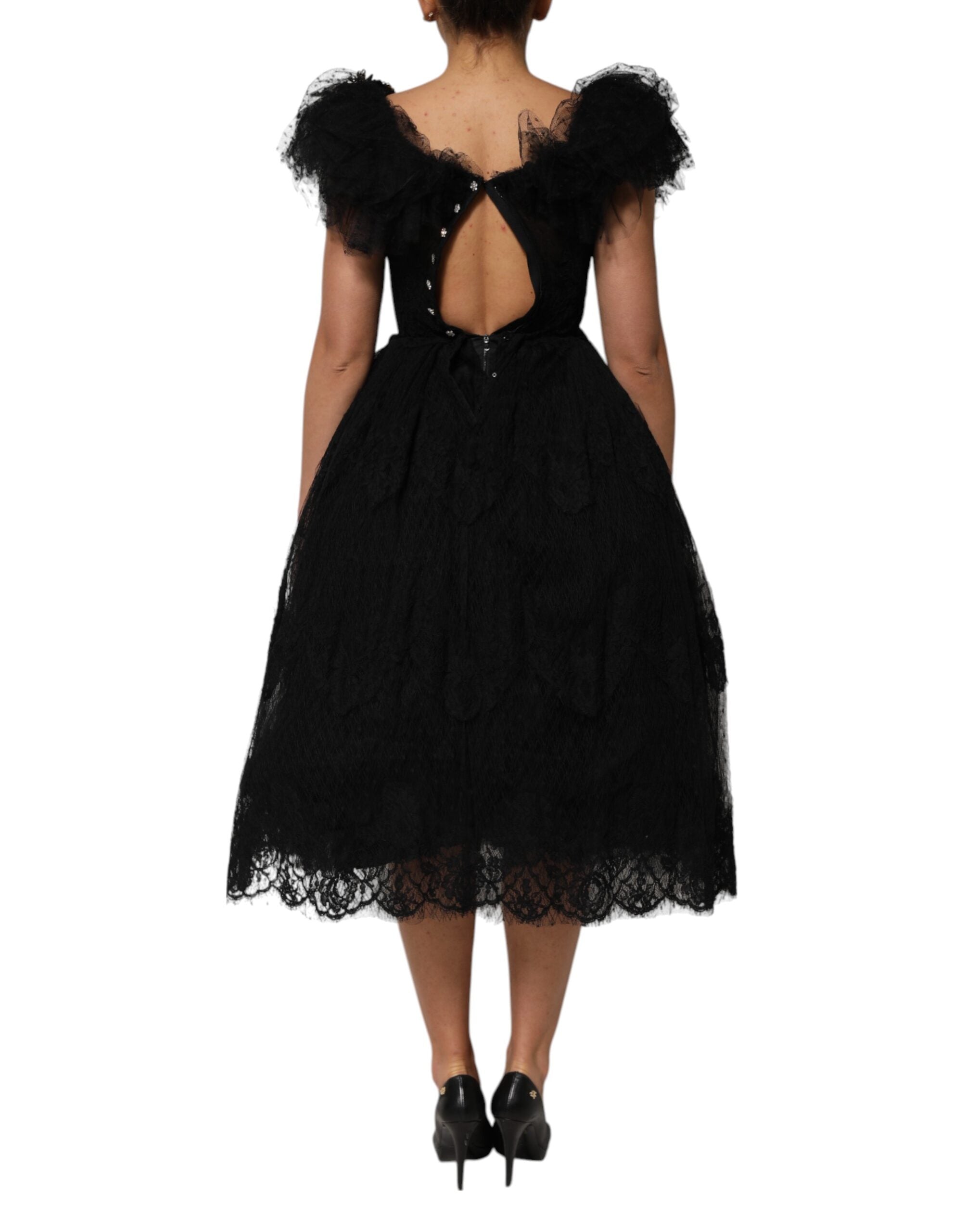Schwarzes, mit Kristallen verziertes Midi-A-Linien-Kleid