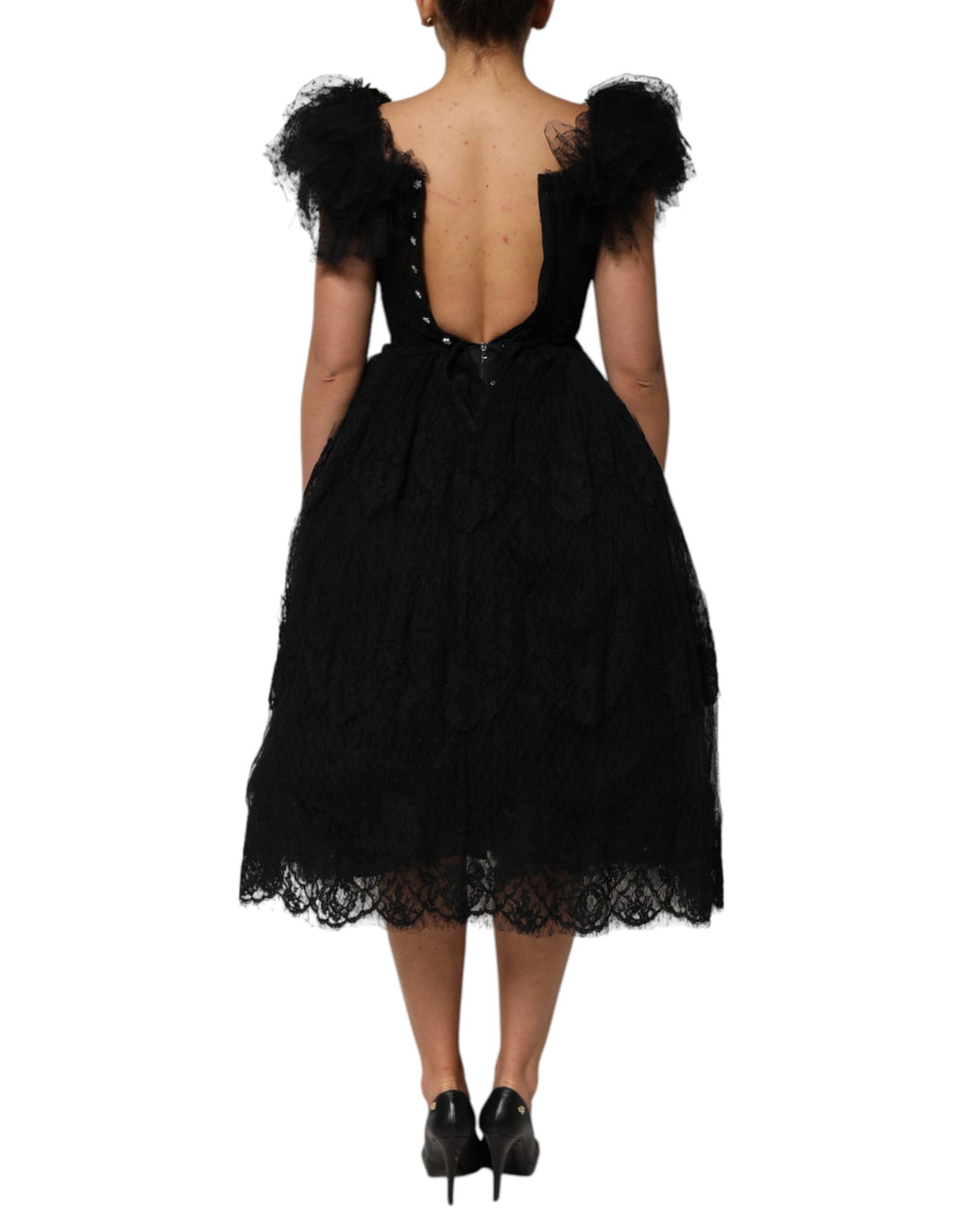 Schwarzes, mit Kristallen verziertes Midi-A-Linien-Kleid