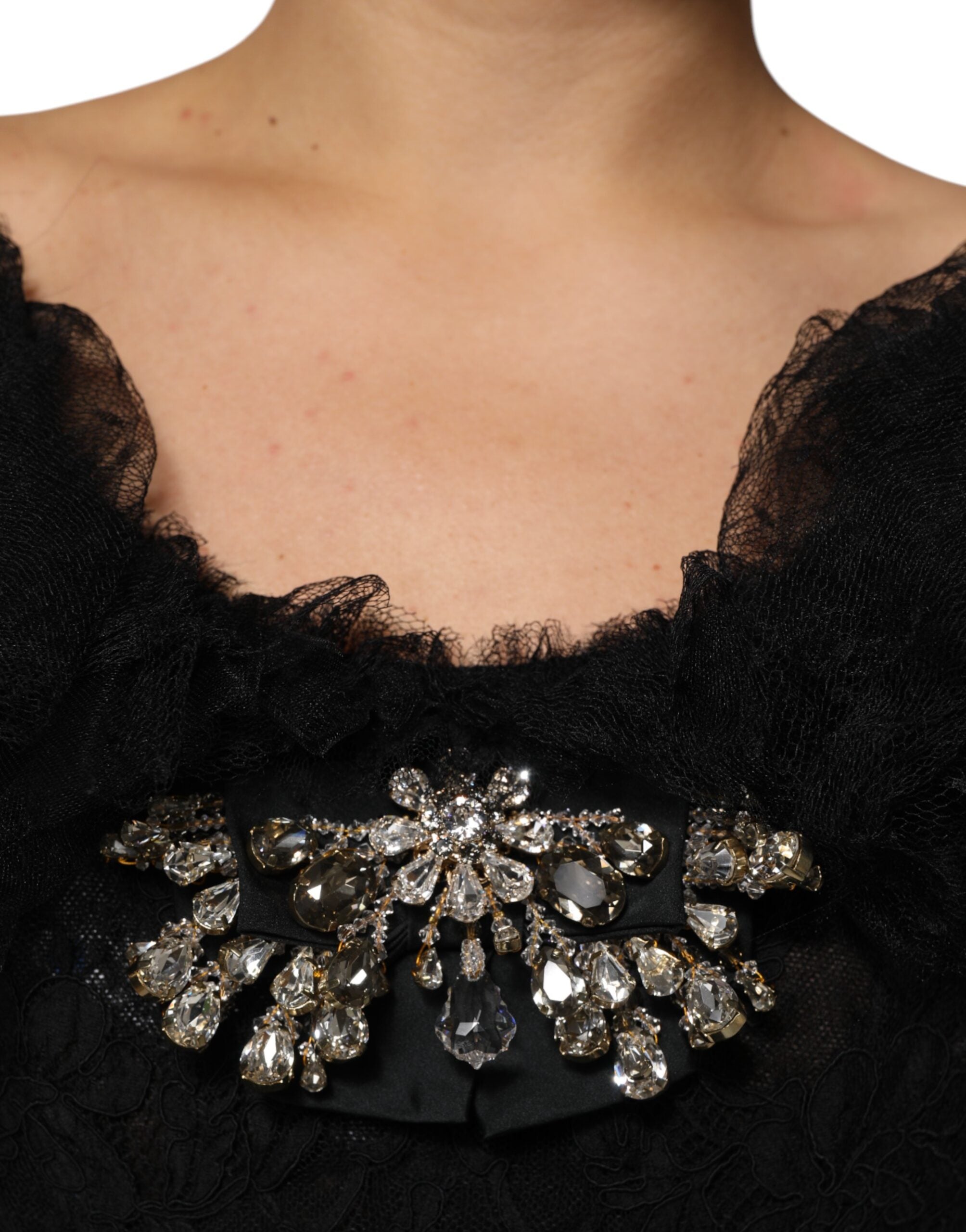 Schwarzes, mit Kristallen verziertes Midi-A-Linien-Kleid