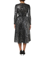 Schwarzes, knielanges A-Linien-Kleid mit langen Ärmeln und Pailletten