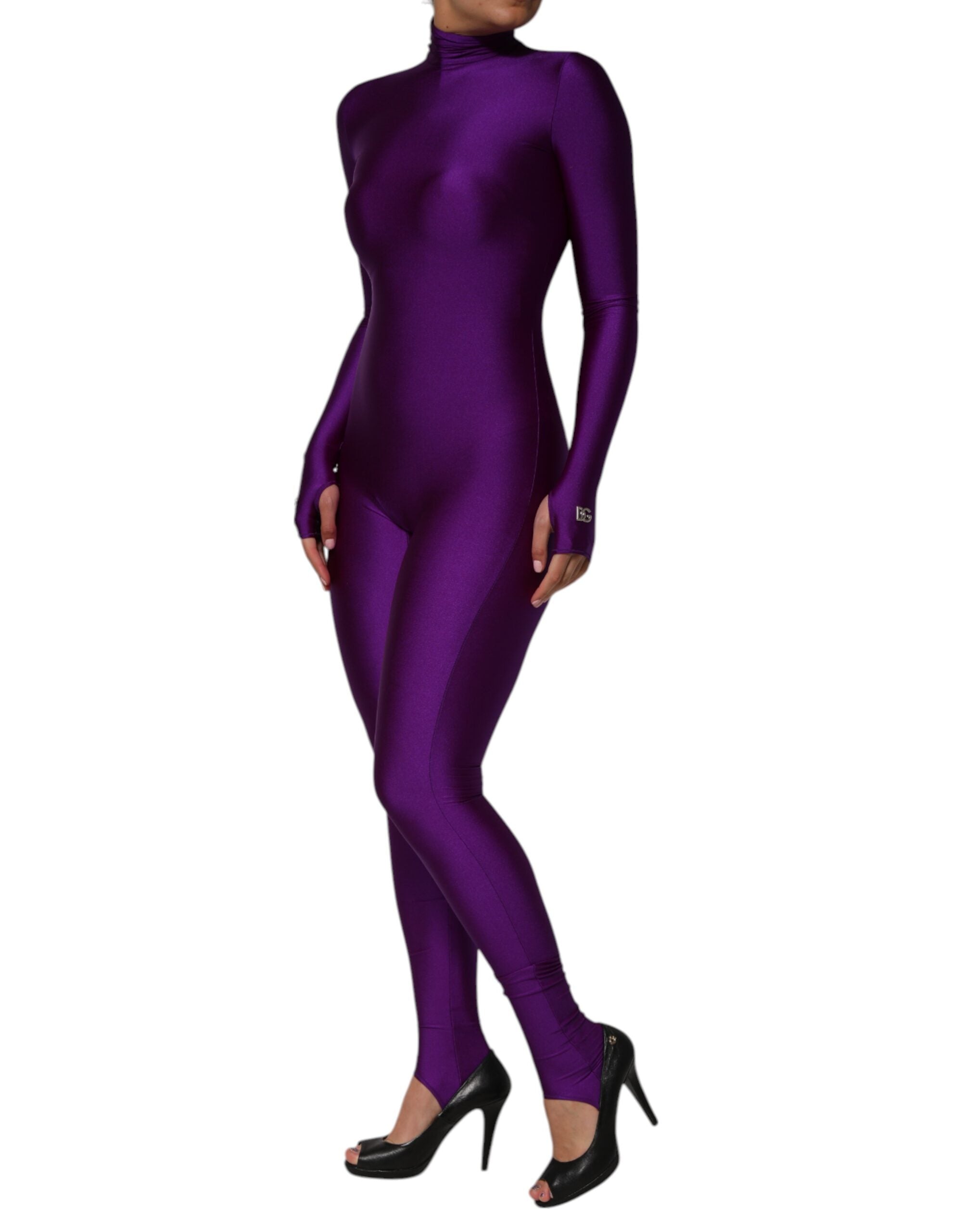 Lila Nylon Rollkragen-Bodycon-Jumpsuit-Kleid