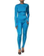 Blauer, figurbetonter Overall mit Rundhalsausschnitt aus Nylon