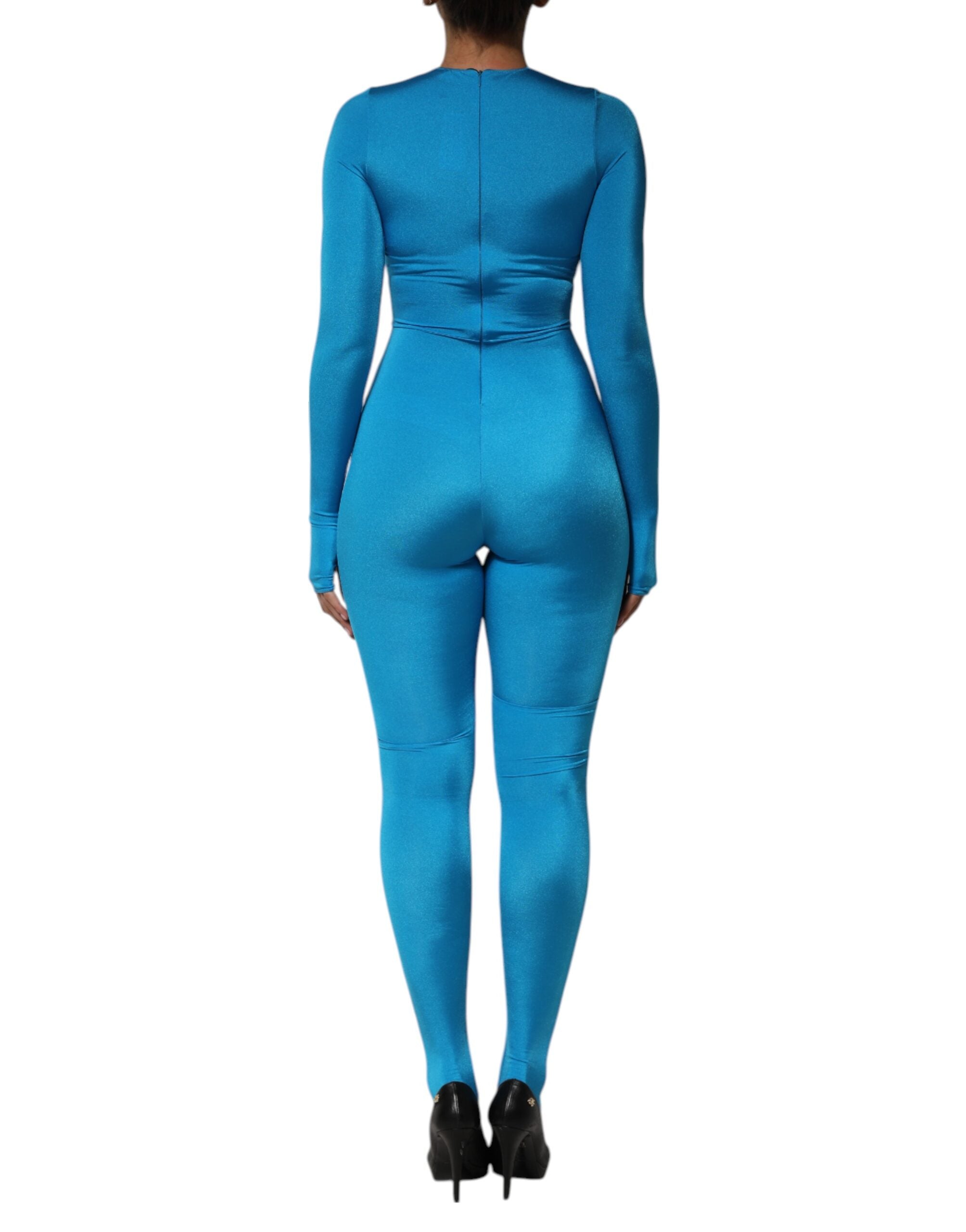 Blauer, figurbetonter Overall mit Rundhalsausschnitt aus Nylon