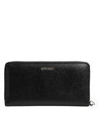 Black Leather #DGFAMILY Zipper Continental Mens Wallet