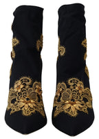 Black Gold Embroidery Crystal Boots Shoes