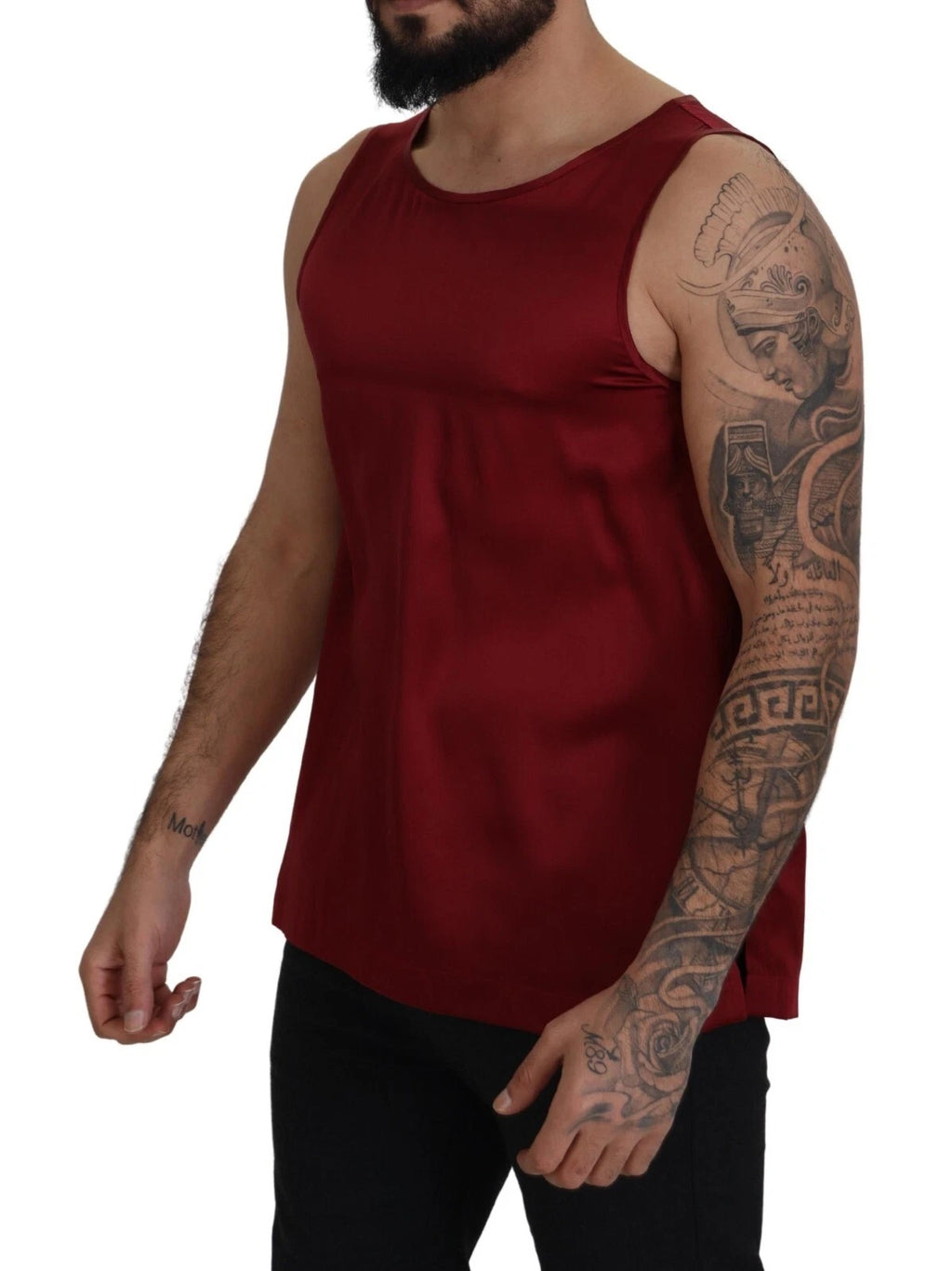 Rotes, ärmelloses Seiden-T-Shirt mit Rundhalsausschnitt