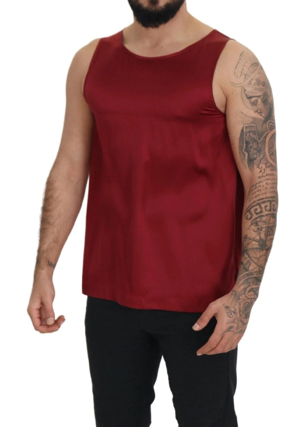 Rotes, ärmelloses Seiden-T-Shirt mit Rundhalsausschnitt