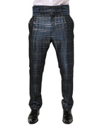 Blue Silver Shiny Silk Skinny Men Trouser Pants