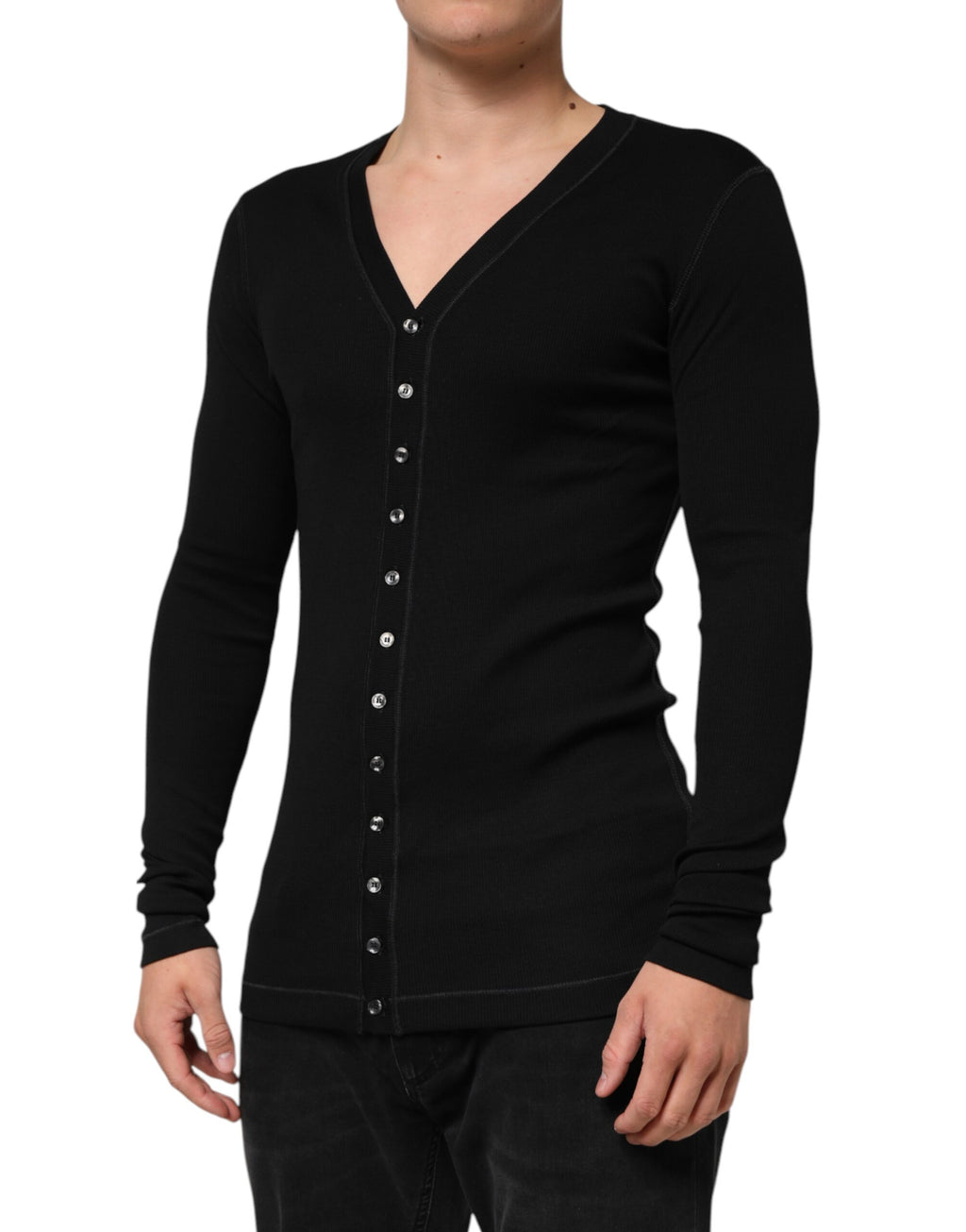 Black Cotton Button Up Men Cardigan Sweater
