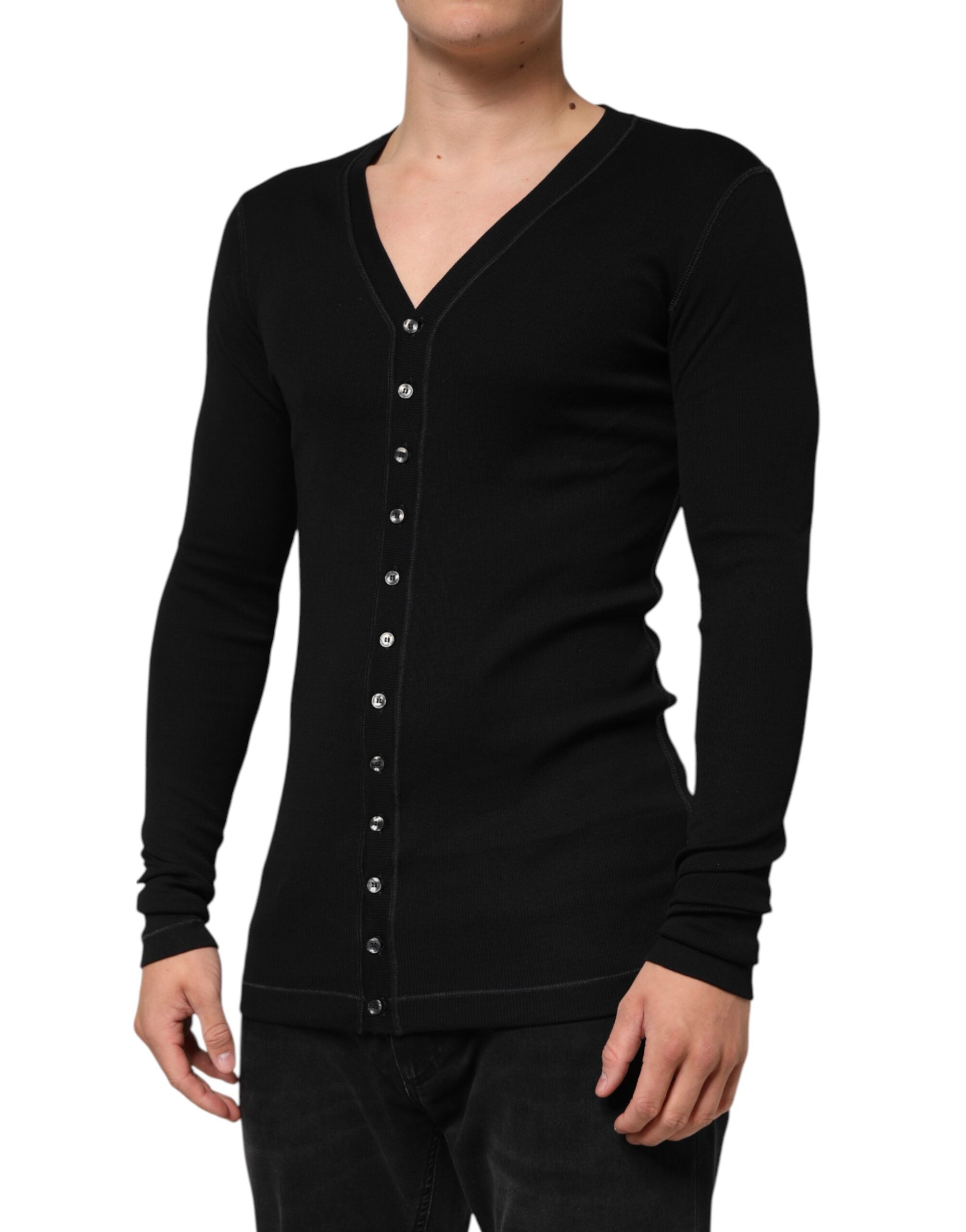 Schwarze Baumwoll-Knopfleiste Herren Strickjacke