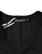 Black Cotton Tattered Logo V-Neck Men T-shirt