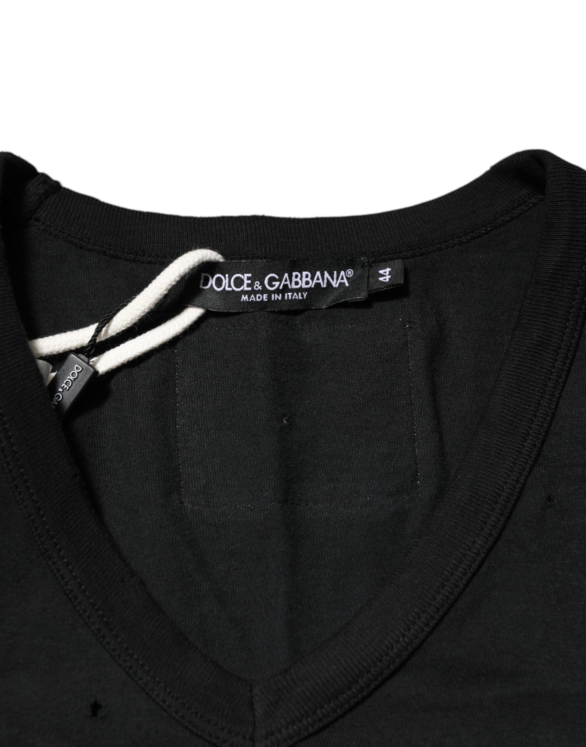 Black Cotton Tattered Logo V-Neck Men T-shirt