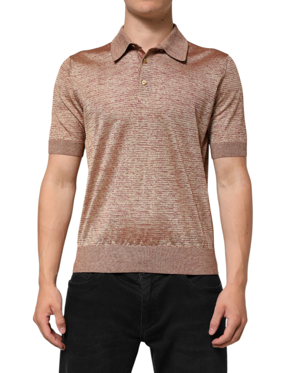 Braunes, strukturiertes Kurzarm-Polo-T-Shirt aus Seide