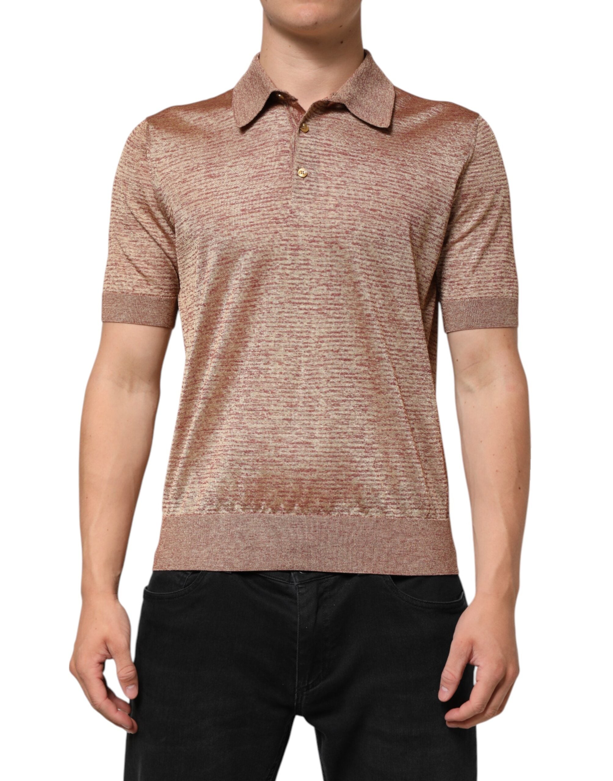 Braunes, strukturiertes Kurzarm-Polo-T-Shirt aus Seide