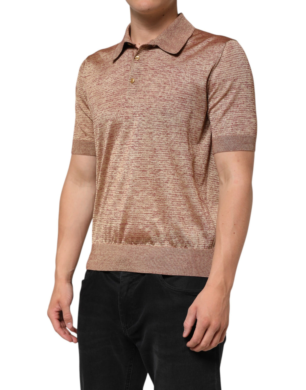 Braunes, strukturiertes Kurzarm-Polo-T-Shirt aus Seide