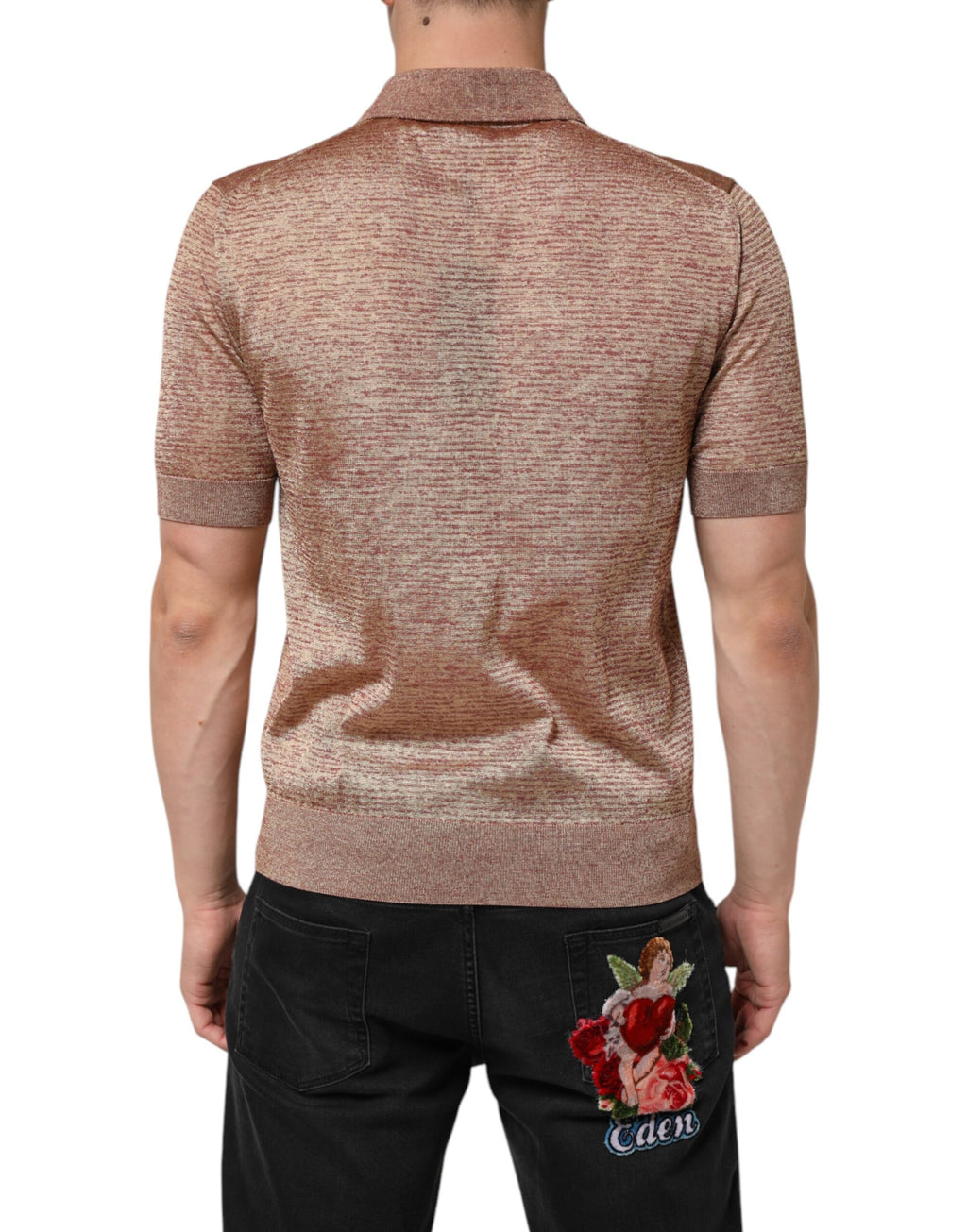 Braunes, strukturiertes Kurzarm-Polo-T-Shirt aus Seide