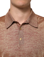 Braunes, strukturiertes Kurzarm-Polo-T-Shirt aus Seide