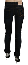 Dark Blue Mid Waist Slim Fit Denim Casual Pants Jeans