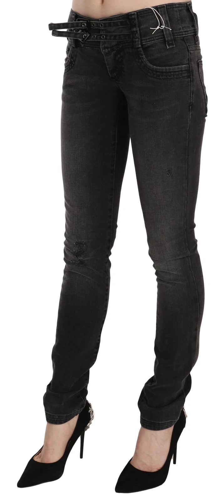 Schwarze, gewaschene Low Waist Slim Fit Skinny Jeans
