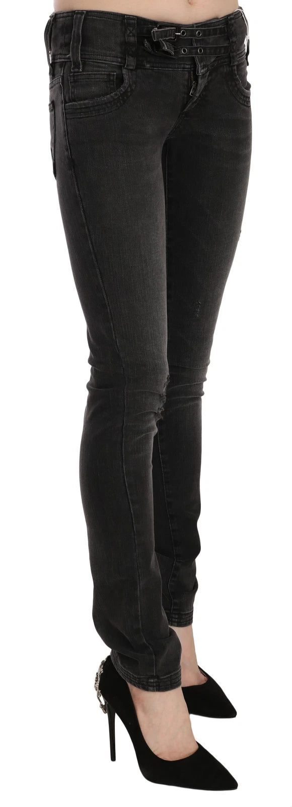 Schwarze, gewaschene Low Waist Slim Fit Skinny Jeans
