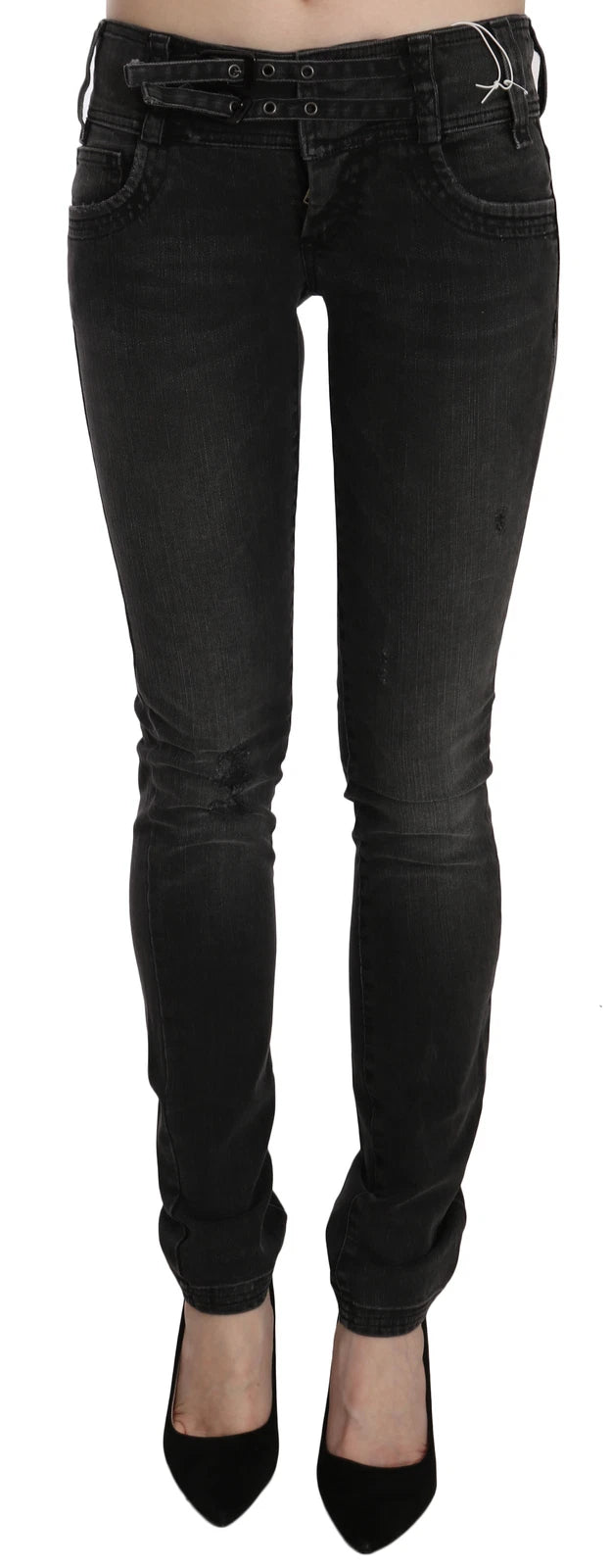 Schwarze, gewaschene Low Waist Slim Fit Skinny Jeans