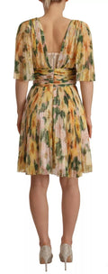 Yellow Floral Print Pleated Maxi Dress