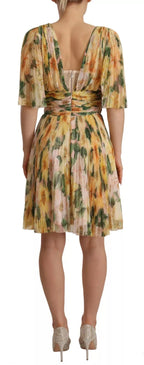 Yellow Floral Print Pleated Maxi Dress