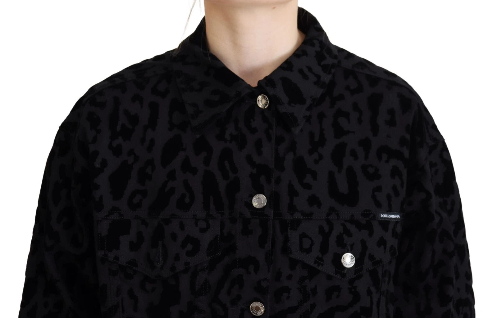 Cotton Black Leopard Long Sleeve Denim Jacket