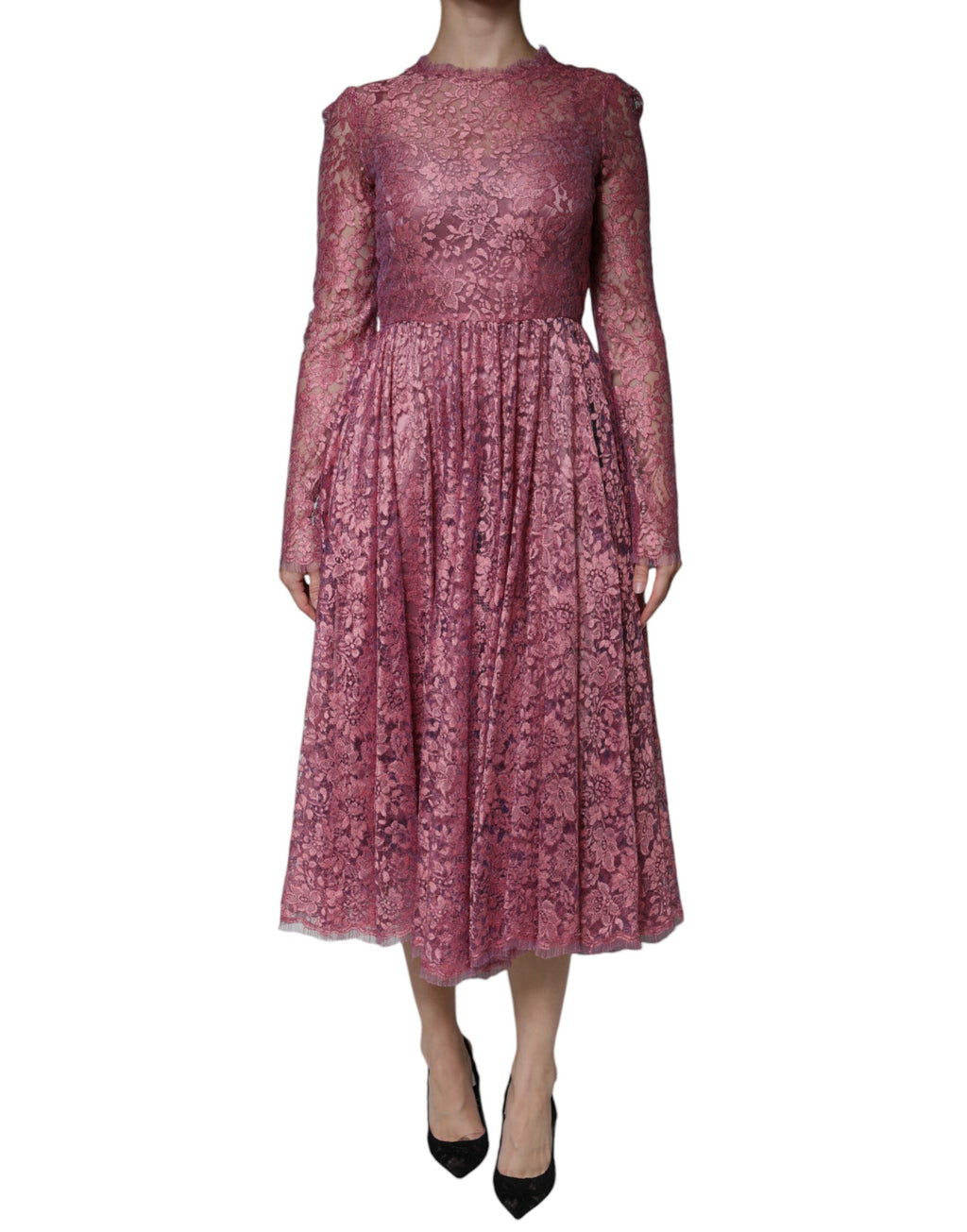 Rosa geblümtes Midikleid aus Spitze mit langen Ärmeln