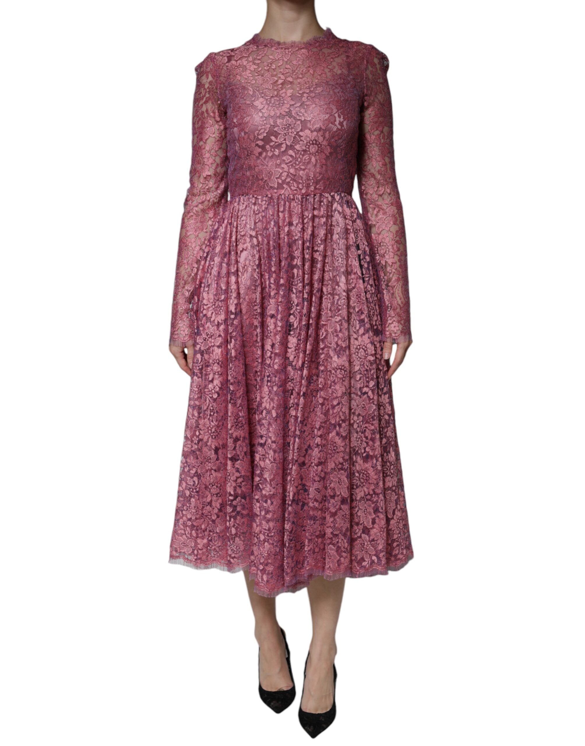 Rosa geblümtes Midikleid aus Spitze mit langen Ärmeln