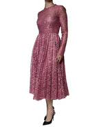 Rosa geblümtes Midikleid aus Spitze mit langen Ärmeln