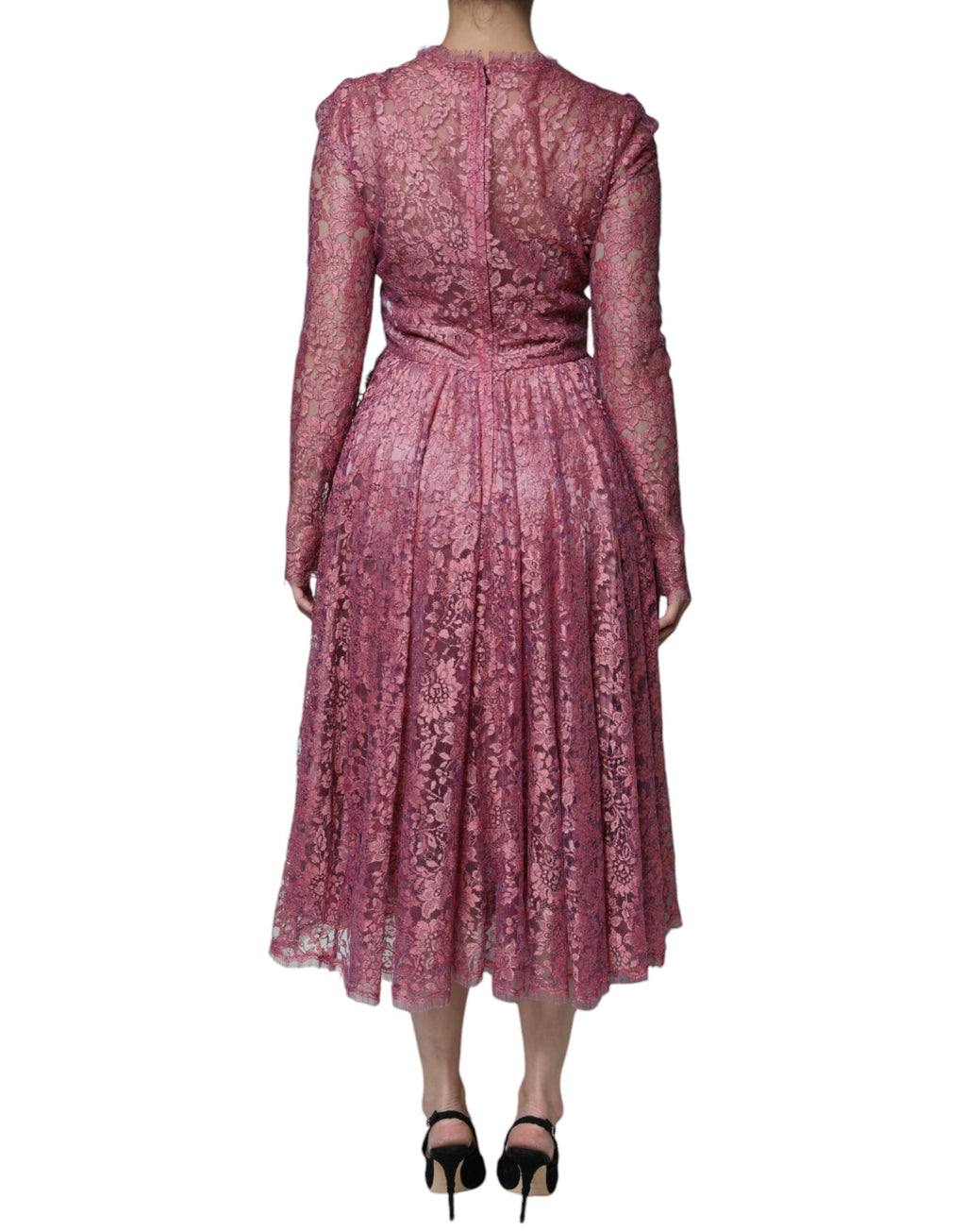 Rosa geblümtes Midikleid aus Spitze mit langen Ärmeln