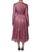 Rosa geblümtes Midikleid aus Spitze mit langen Ärmeln