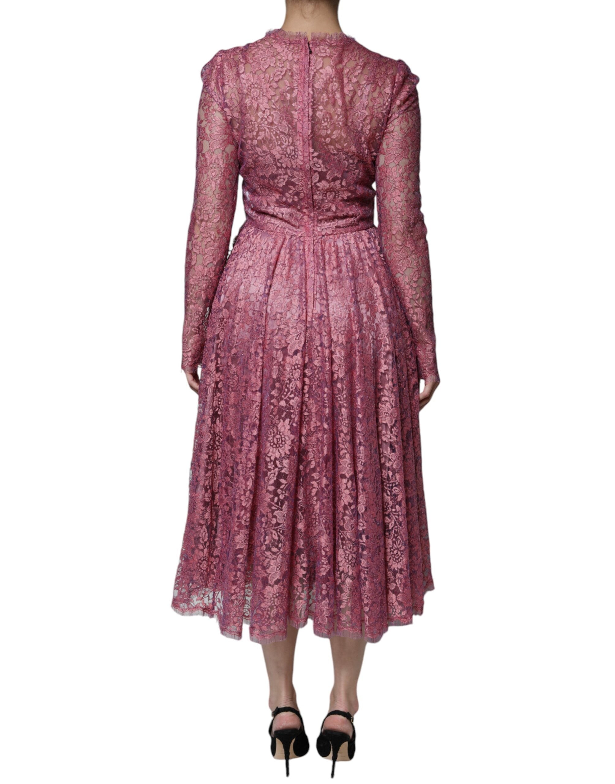 Rosa geblümtes Midikleid aus Spitze mit langen Ärmeln