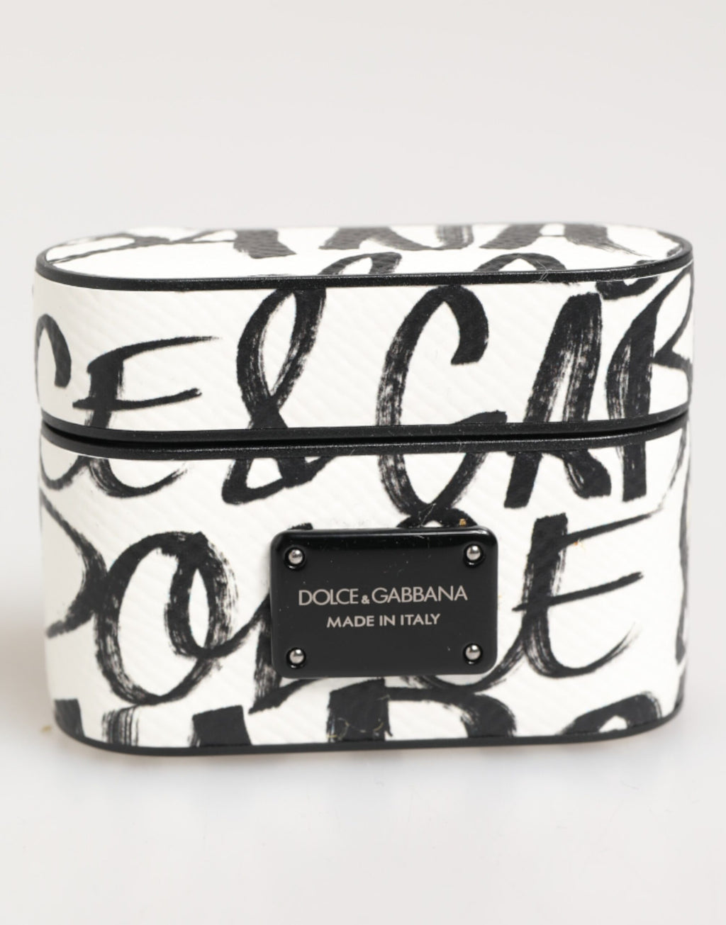 Schwarzes weißes Leder Airpods-Etui mit Monogrammprint und Logo