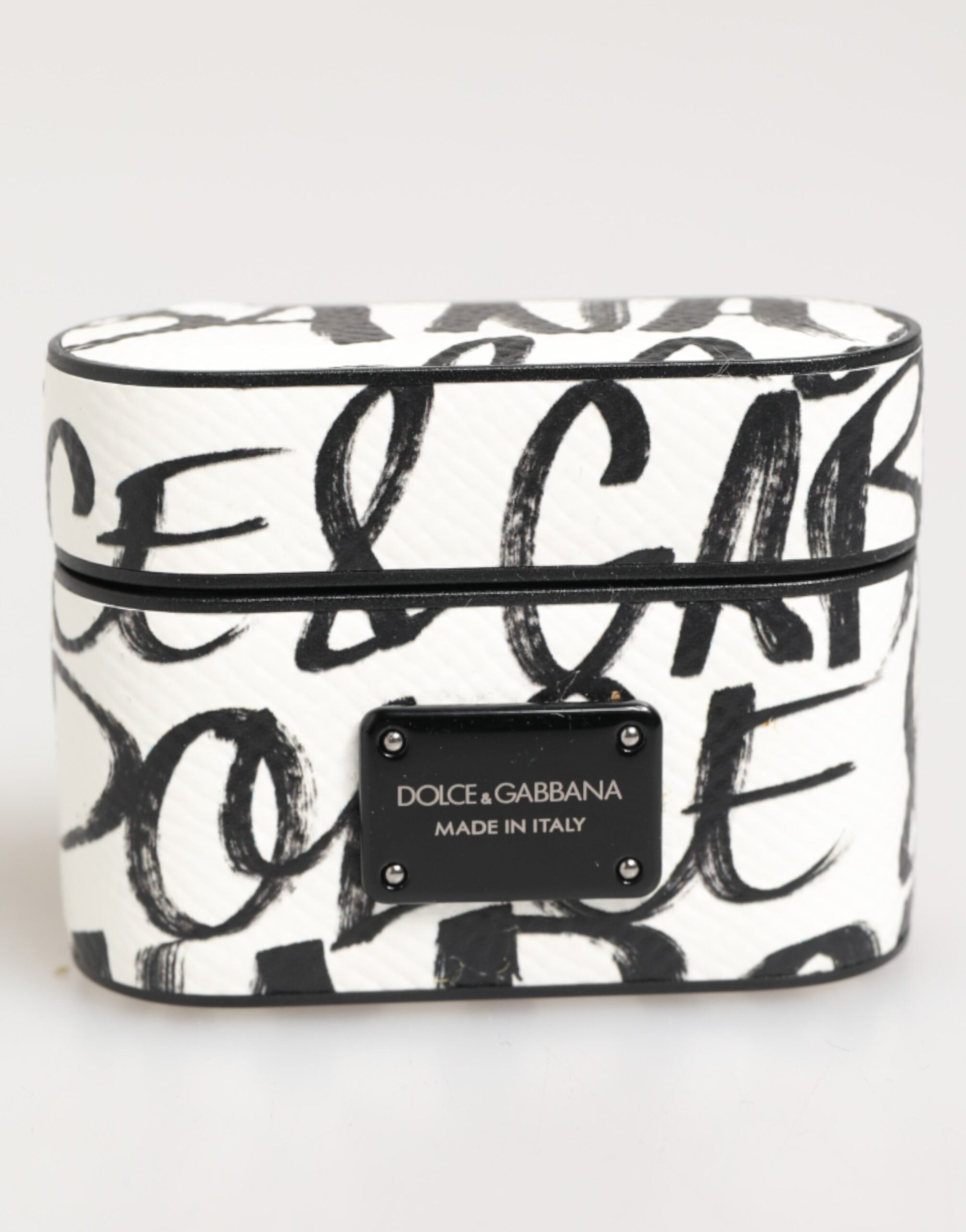 Schwarzes weißes Leder Airpods-Etui mit Monogrammprint und Logo