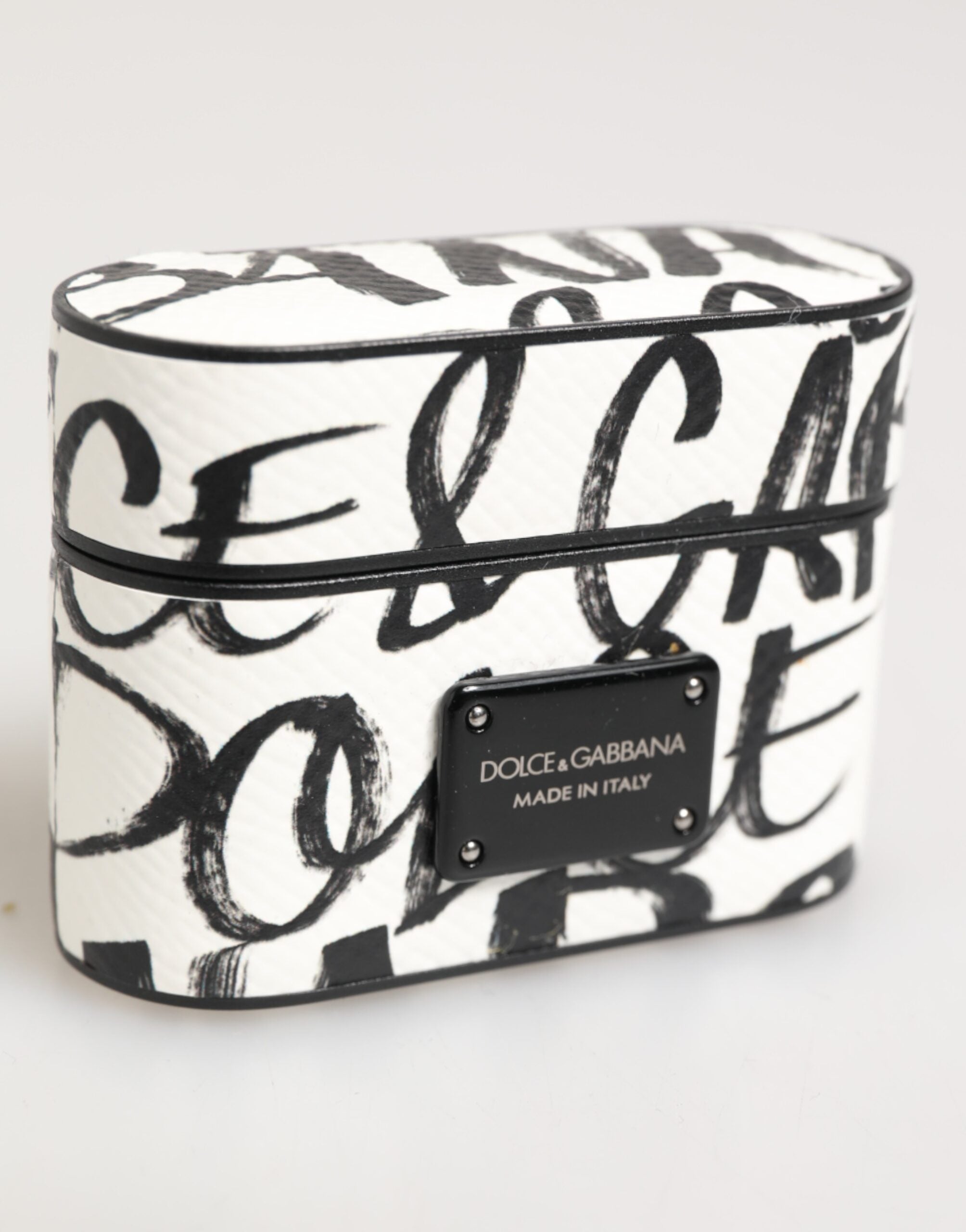Schwarzes weißes Leder Airpods-Etui mit Monogrammprint und Logo