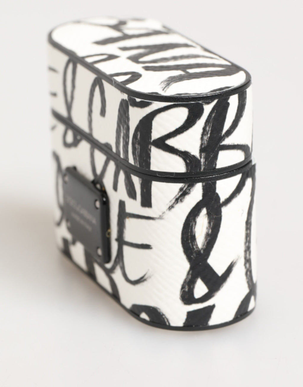 Schwarzes weißes Leder Airpods-Etui mit Monogrammprint und Logo