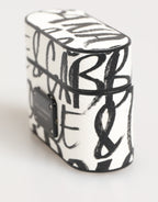 Schwarzes weißes Leder Airpods-Etui mit Monogrammprint und Logo
