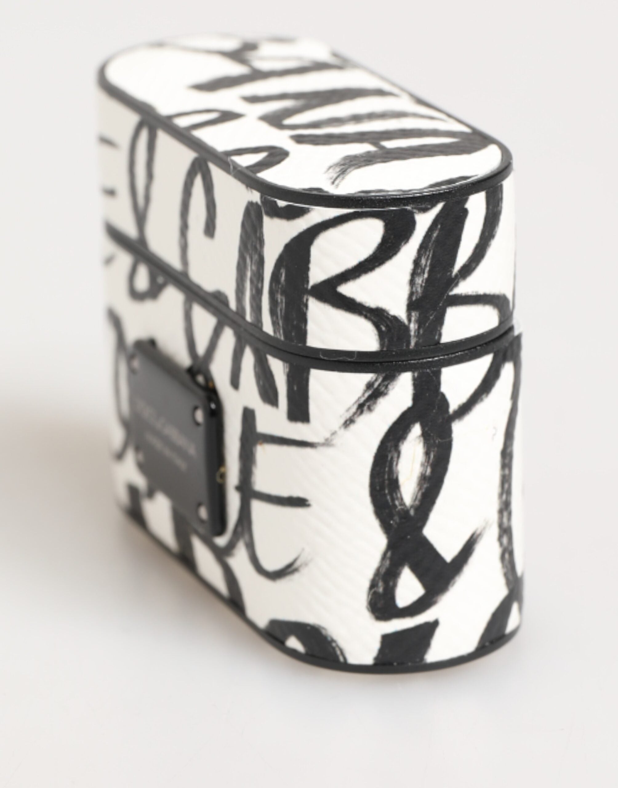 Schwarzes weißes Leder Airpods-Etui mit Monogrammprint und Logo