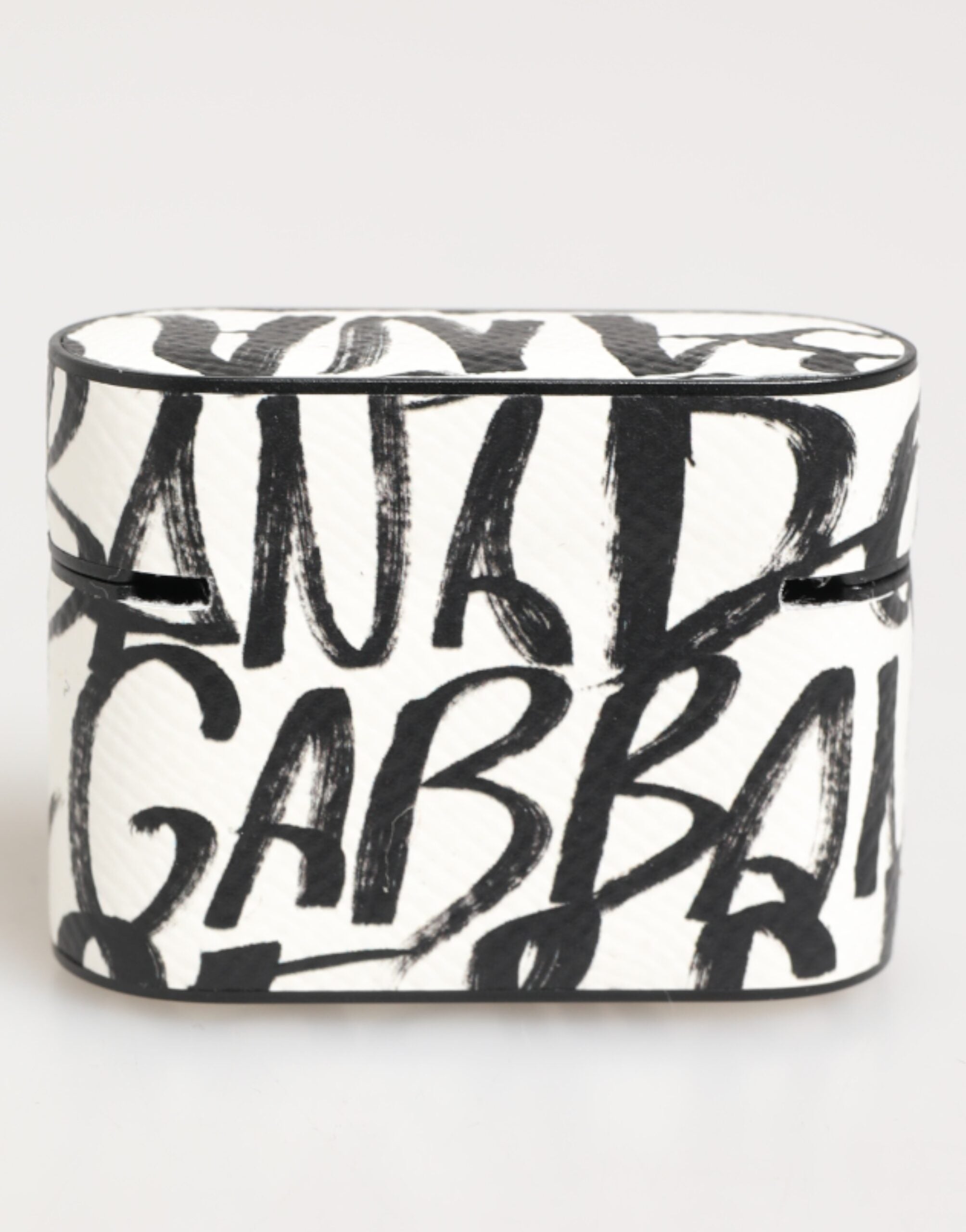 Schwarzes weißes Leder Airpods-Etui mit Monogrammprint und Logo