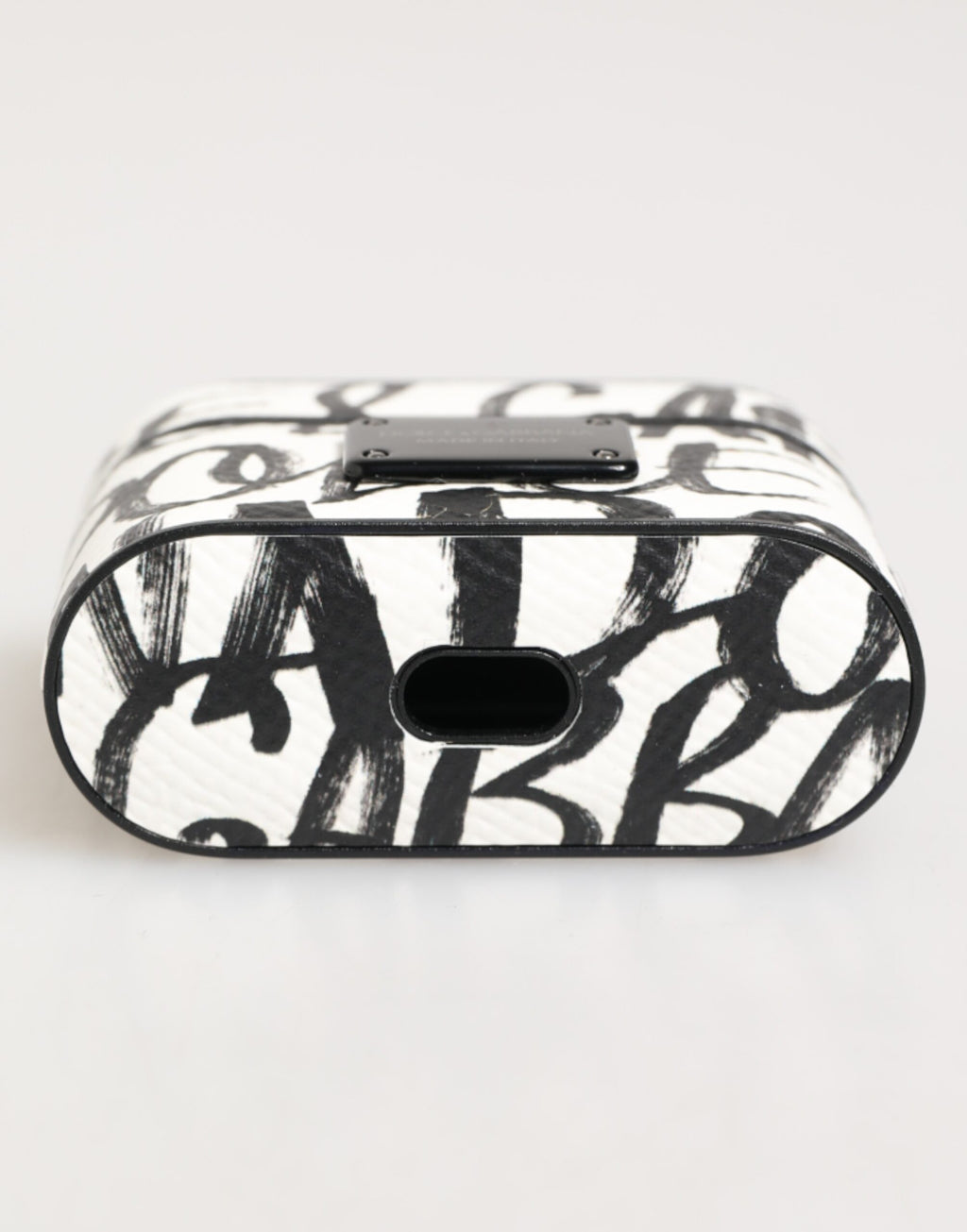 Schwarzes weißes Leder Airpods-Etui mit Monogrammprint und Logo