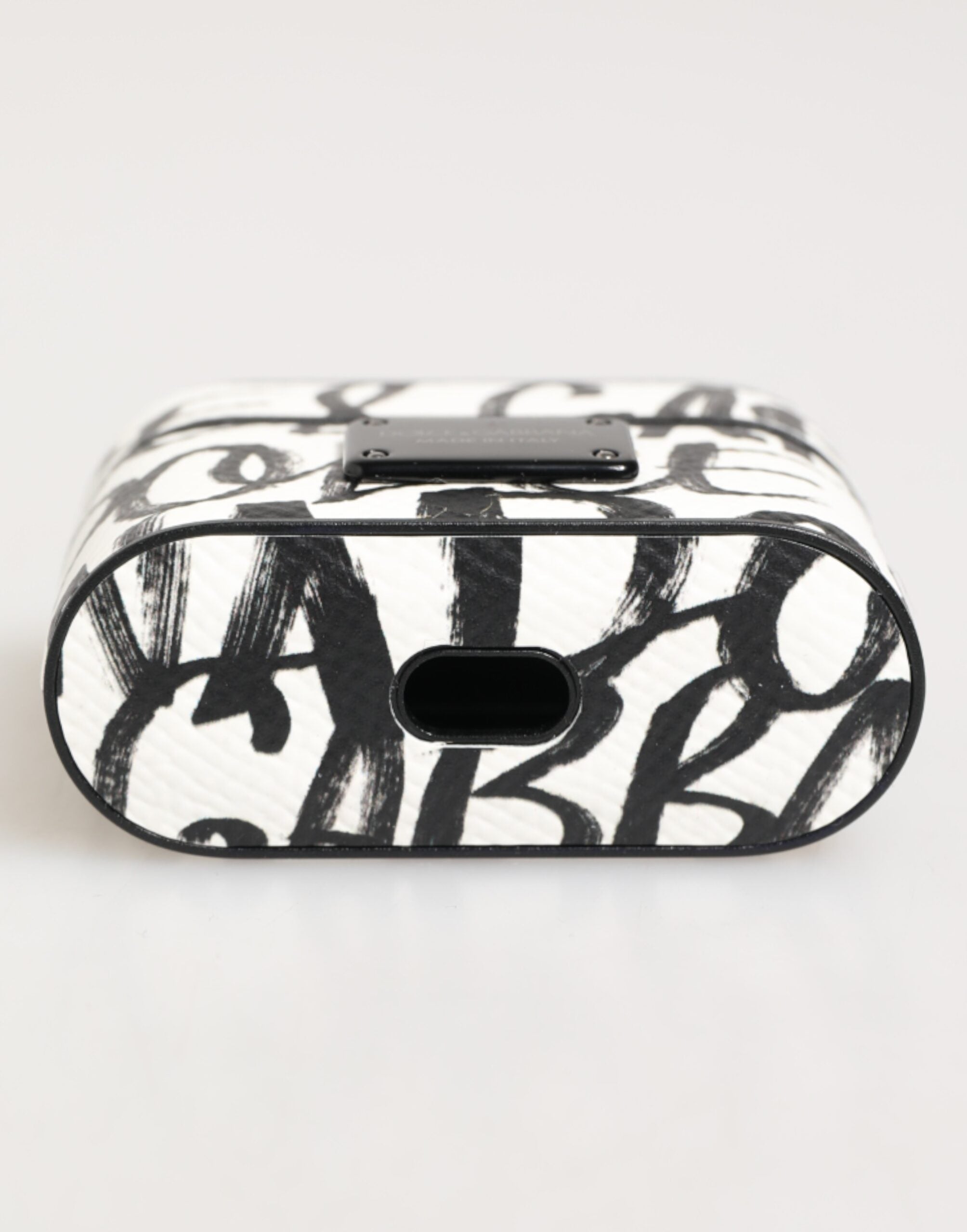 Schwarzes weißes Leder Airpods-Etui mit Monogrammprint und Logo