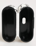 Schwarzes weißes Leder Airpods-Etui mit Monogrammprint und Logo