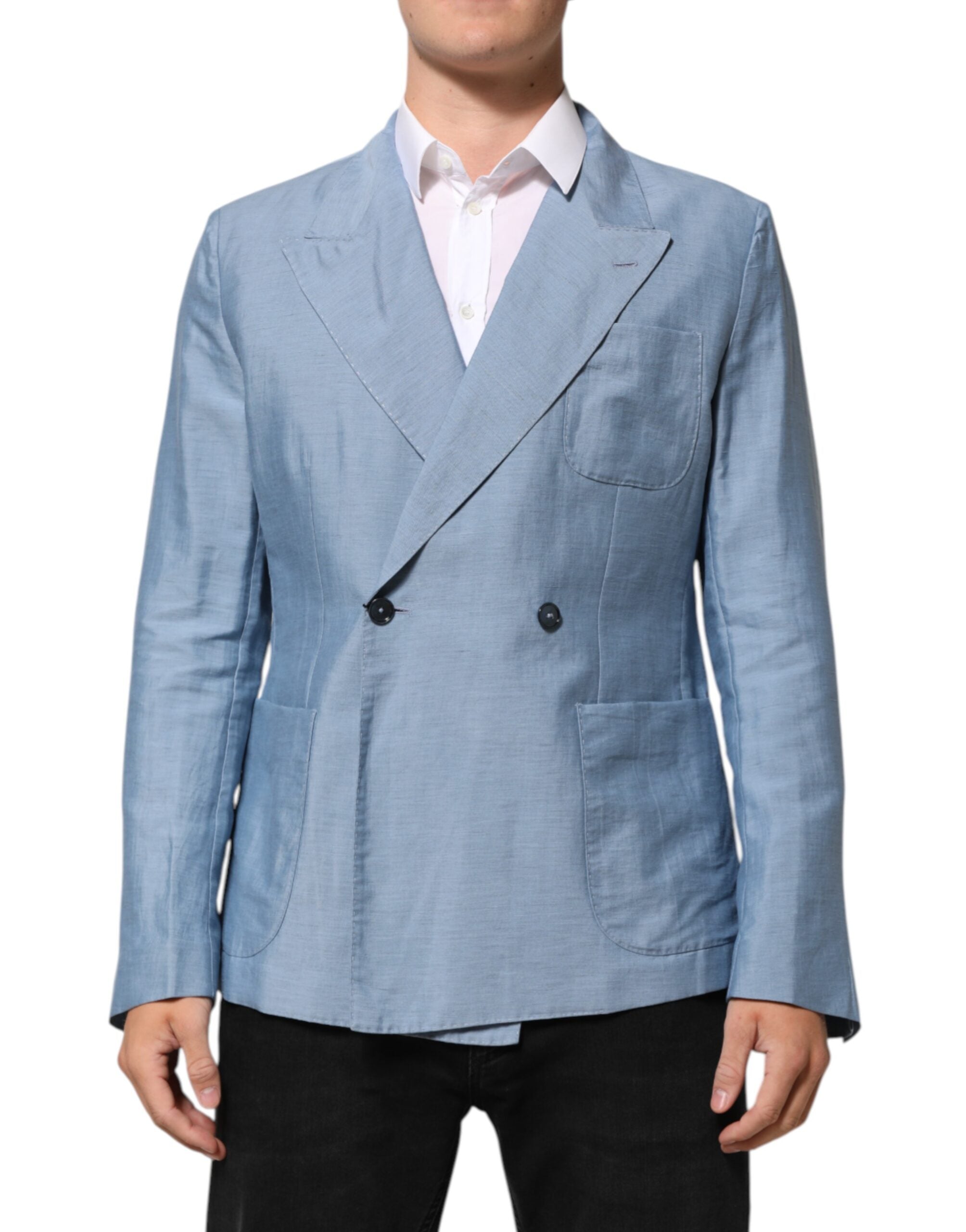 Light Blue Linen Double Breasted Men's Jacket Blazer